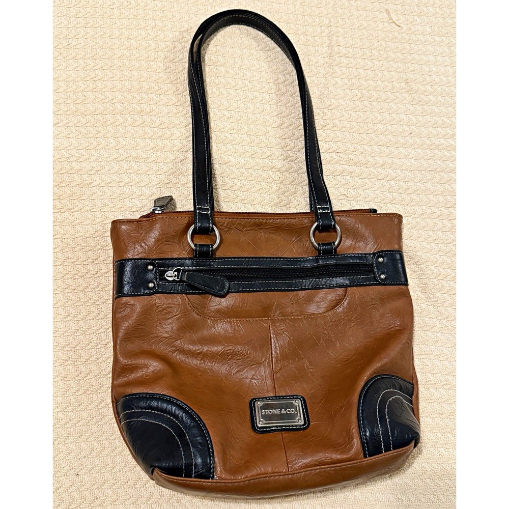 Stone & Co. Brown Black Tote Bag Zip Closure Double Handles Silver Hardware
